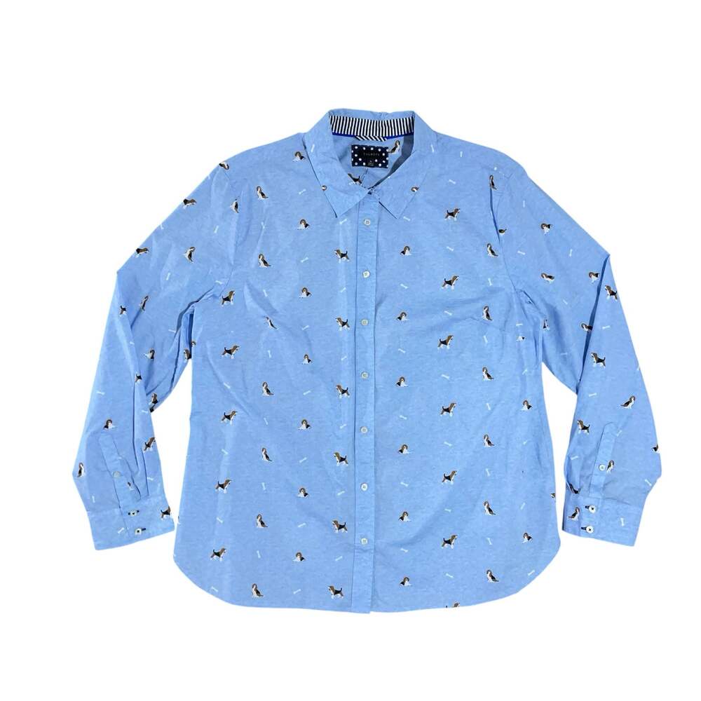 Talbots Fetching Beagle Dog Classic Button Front Shirt XL Blue Novelty Modern